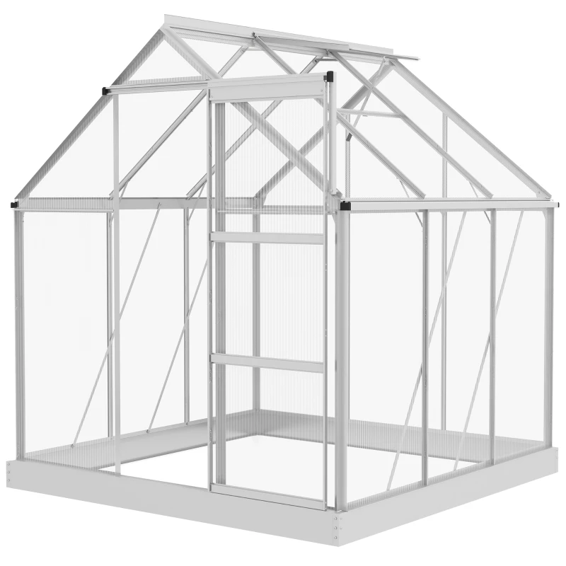Outsunny 6' x 6' Walk-In Greenhouse, Polycarbonate Greenhouse with Sliding Door, Window, Aluminium Frame, Foundation, Silver