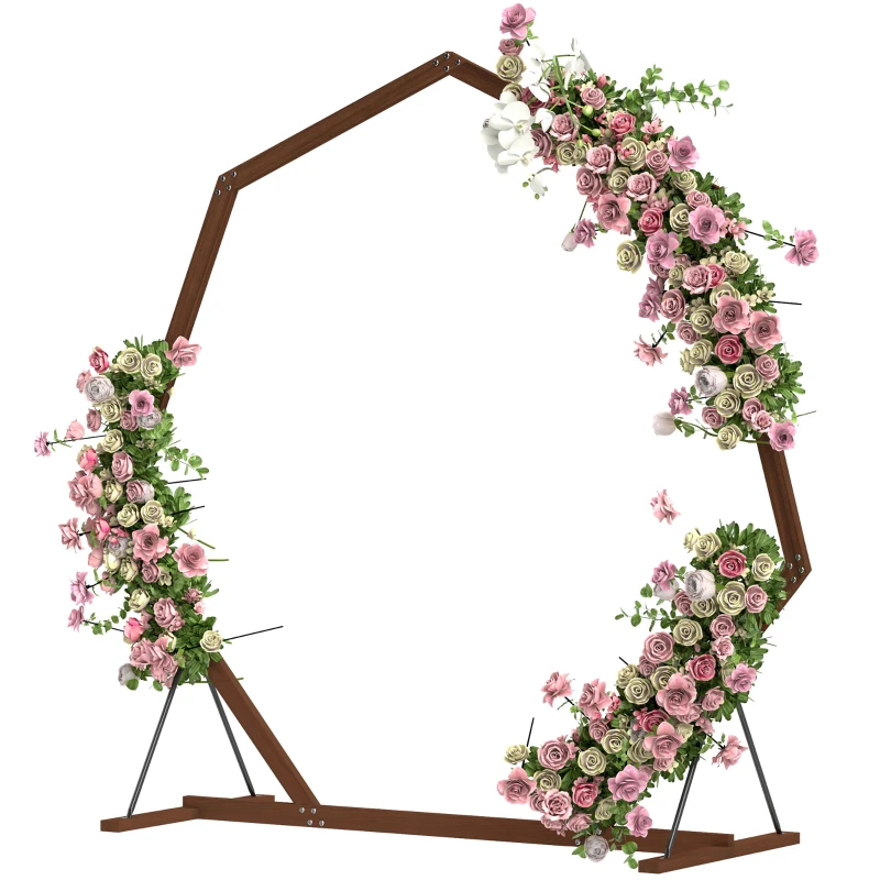 Outsunny 7FT Heptagon Wooden Wedding Arch with Triangular Base, Ground Stakes for Ceremony, Garden, Birthday, Brown