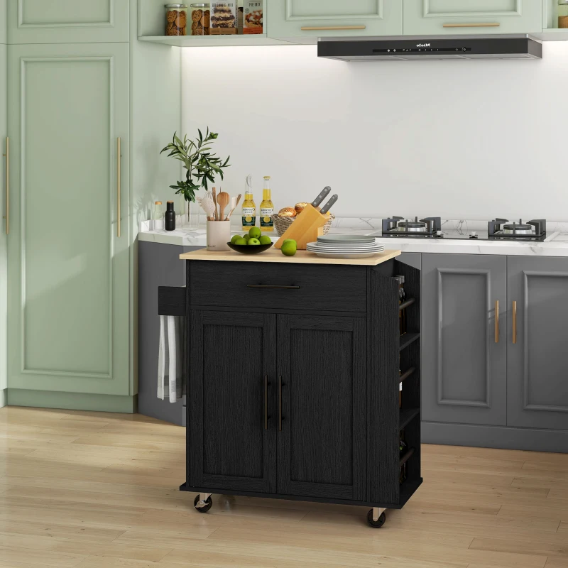 HOMCOM Rolling Island with Wheels for Kitchen, Kitchen Island on Rollers with Power Outlets, Drawer, and Doors, Black