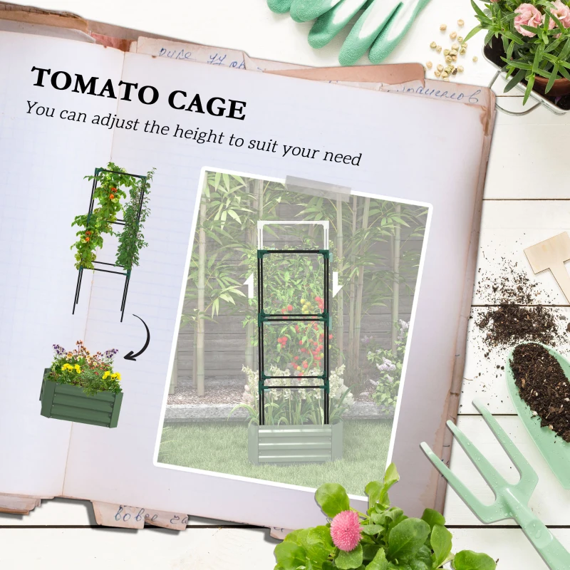 Outsunny Galvanized Planter Box, Outdoor Raised Garden Bed with 3-Tier Trellis Tomato Cage for Climbing Vines, Vegetables, Green