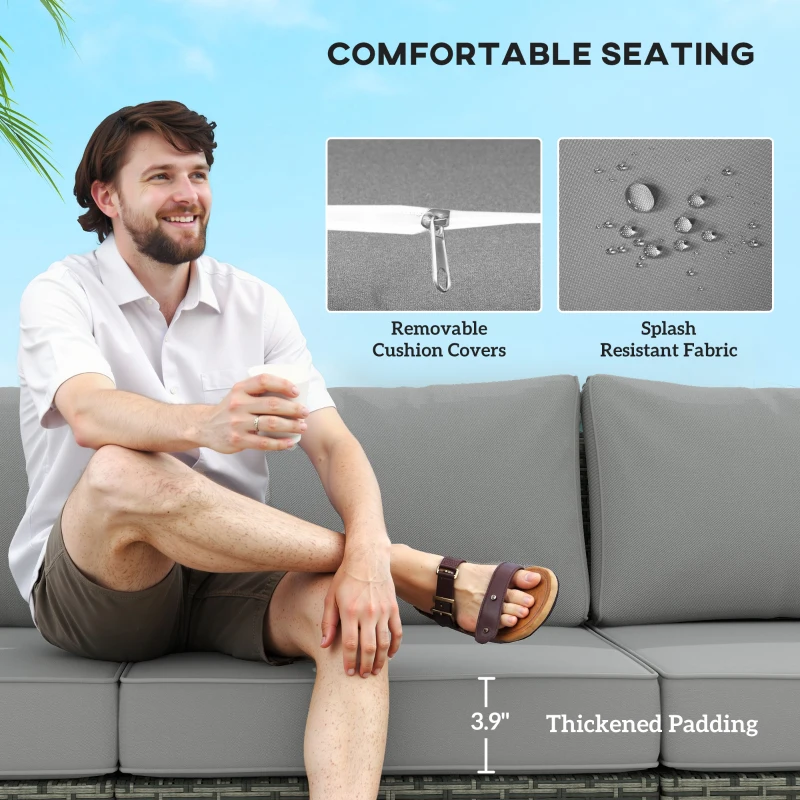 Outsunny 3 Seater Wicker Outdoor Couch Patio Sofa with Storage, Thickened Cushions and Wide Armrests for Porch Yard, Gray