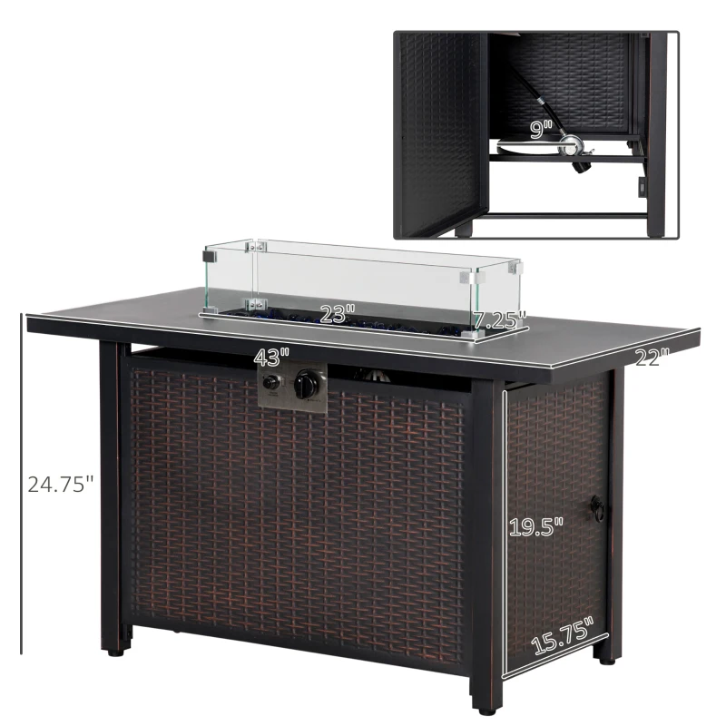Outsunny 43 Inch Outdoor Propane Gas Fire Pit Table, 50,000 BTU Auto-Ignition Rectangular Wicker-effect Gas Firepit with Glass Wind Guard, Lid, Glass Beads, Steel Base, CSA Certification, Bronze
