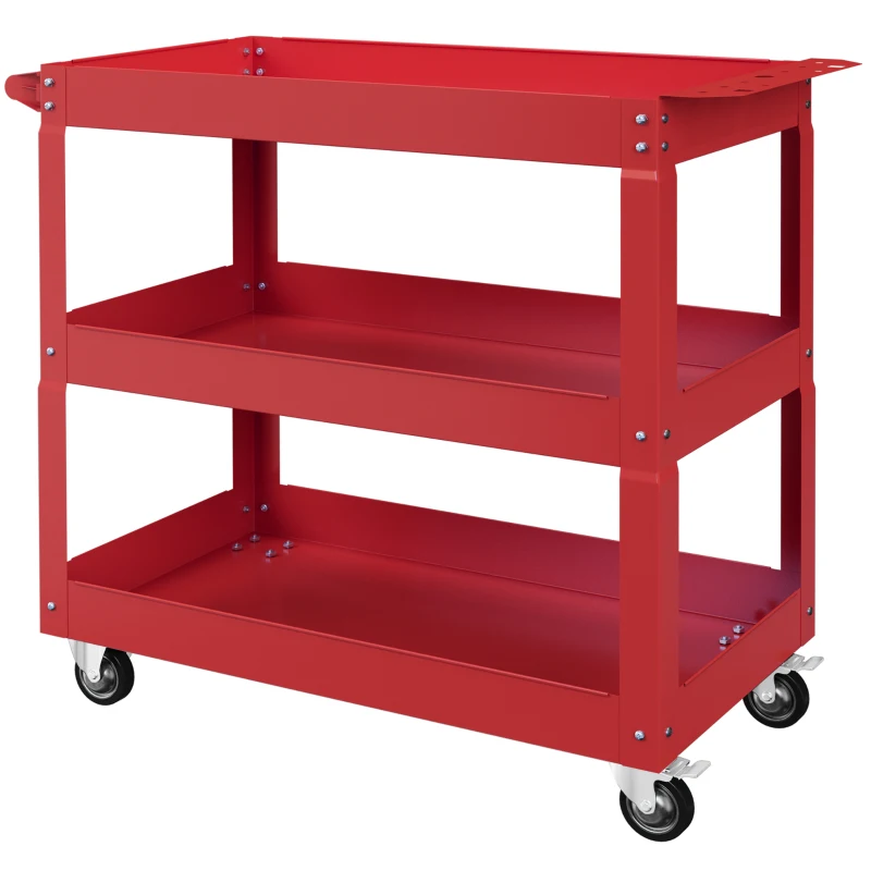 DURHAND 3 Tier Rolling Tool Cart with Wheels, 330 LBS Capacity Heavy Duty Utility Cart, Mobile Service Cart for Garage, Red