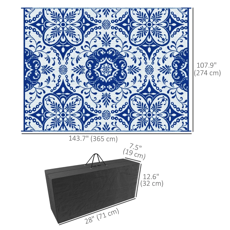 Outsunny Portable Outdoor Rug with Carry Bag, 9' x 12' Reversible Mat, Waterproof Plastic Straw RV Rug for Backyard, Deck, Picnic, Beach, Camping, Blue & White Flower
