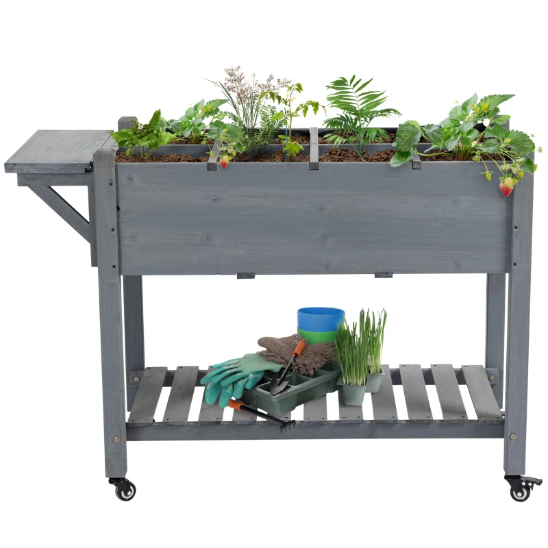 Outsunny Raised Garden Bed Planter Box w/ 8 Grow Grids, Storage Shelf & Lockable Wheels