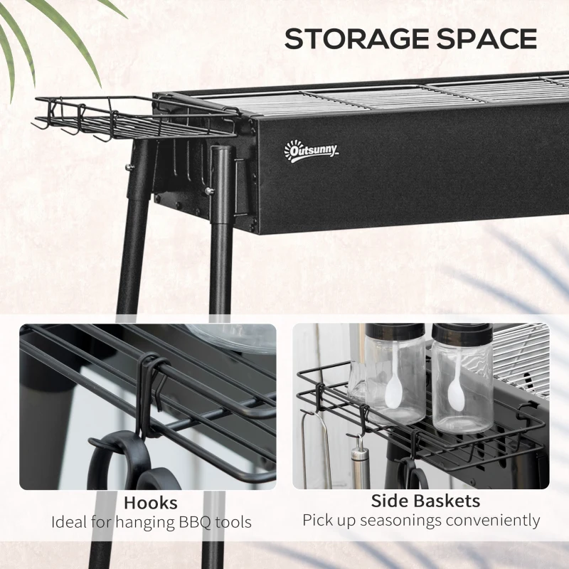 Outsunny Portable BBQ Grill, Charcoal Grill with Side Seasoning Baskets, Hooks and Nets for Outdoor, Picnic, Camping, Black