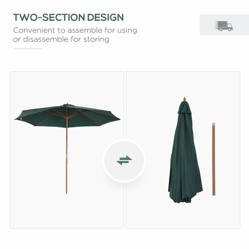 Outsunny 10FT Round Patio Umbrella with Rope Pulley Mechanism, Wooden Market Umbrella, Garden Parasol with 8 Ribs, Dark Green