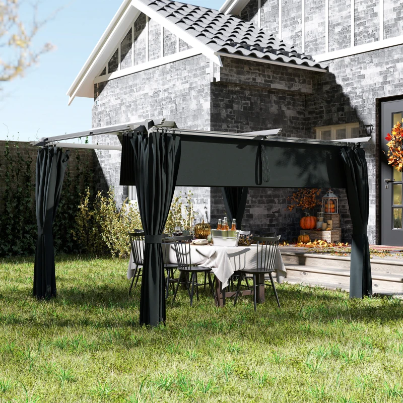 Outsunny 10' x 13' Pergola with Retractable Canopy and Curtains, UPF30+ Sun Shade Shelter for Grill, Garden, Backyard, Deck