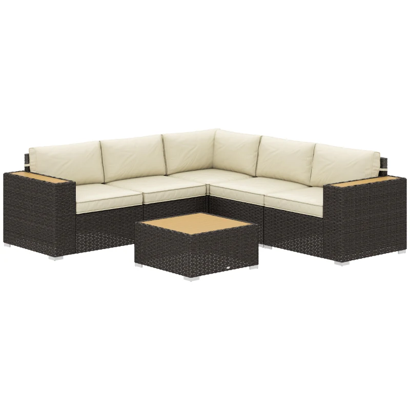 Outsunny 6 Pieces Outdoor Rattan Patio Furniture Set with Corner Sofa, Wood-Plastic Coffee Table, Light Khaki