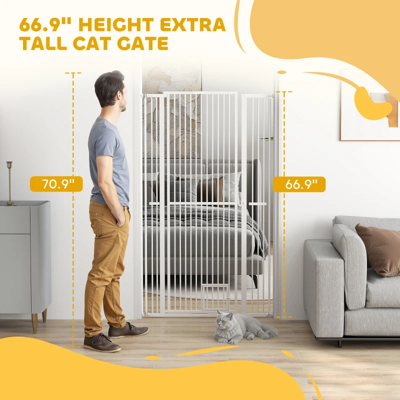 PawHut 67" Extra Tall Pet Gate, 30"-41" Dog Gate with Cat Door, 1.4" Narrow Gap, 2.8" and 5.5" Extension, for Doorway, Hallway