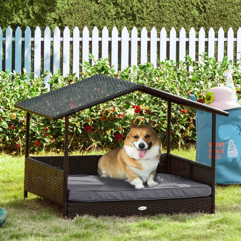 PawHut Wicker Dog House Outdoor with Canopy, Rattan Dog Bed with Water-resistant Cushion, Raised Pet Bed for Small, Medium Breeds up to 66 lbs, 20" in Length, Brown Wicker, Gray Cushion