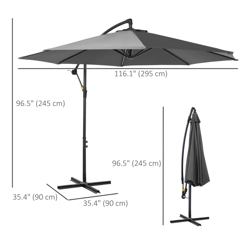Outsunny 9.7ft Offset Patio UmbrellaCantilever Parasol with Crank Handle, 8 Ribs and Cross Base for Outdoor, Sun Shade, Cream