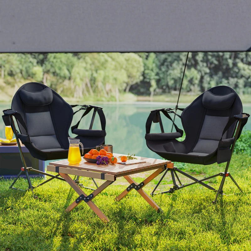 Outsunny Hammock Camping Chair Set of 2, Adjustable Back Folding Swinging Hammock Chair with Cup Holder and Padded Seat, Black