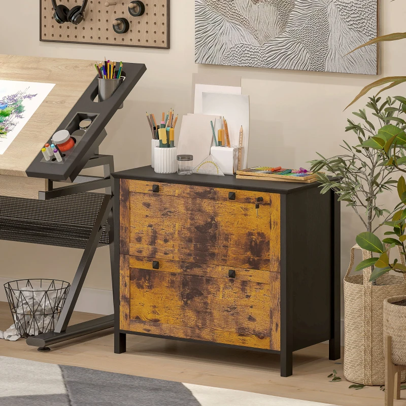 HOMCOM 2 Drawer File Cabinet, Lockable Filing Cabinet with Adjustable Hanging Bar for Letter, A4 Size, Rustic Brown