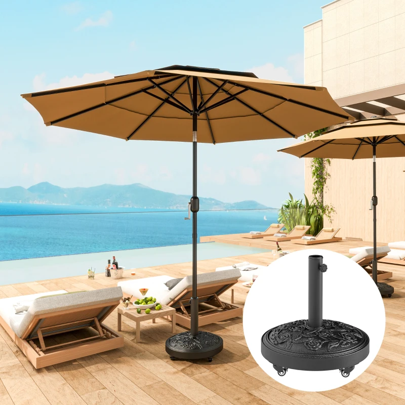Outsunny Round Patio Umbrella Base, 46 lbs Resin Umbrella Base with Wheels, Outdoor Umbrella Stand for 1.3"/1.5"/1.9" Umbrella Poles for Outdoor, Lawn, Poolside, Black