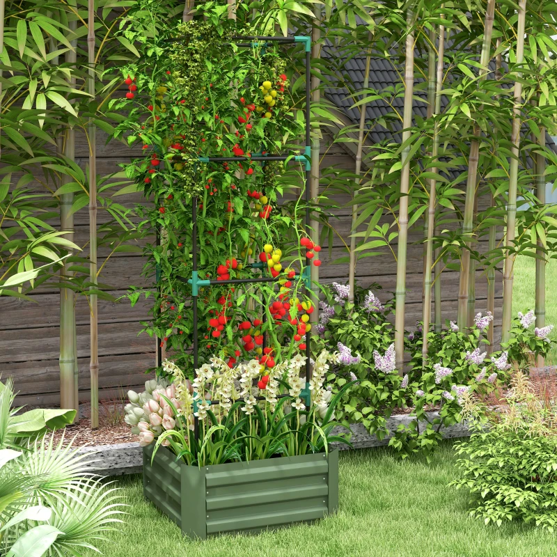 Outsunny Galvanized Planter Box, Outdoor Raised Garden Bed with 4-Tier Trellis Tomato Cage for Climbing Vines, Vegetables, Green