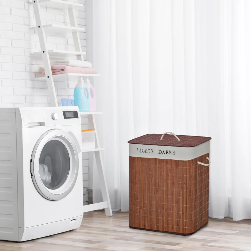 HOMCOM Bamboo Laundry Basket with Lid and String Handles, Collapsible Laundry Hamper with 2 Removable Bags, Brown