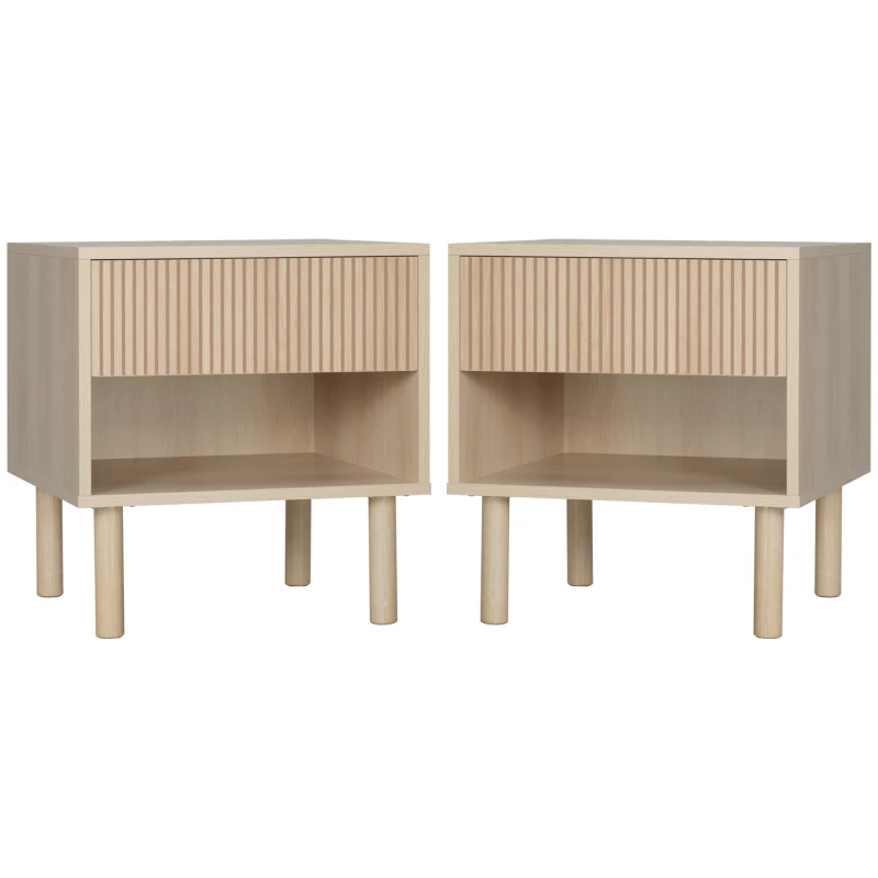HOMCOM Set of 2 Bedroom Nightstands, Side Table with Storage Shelf and Drawer for Living Room, Bedroom, Natural Wood