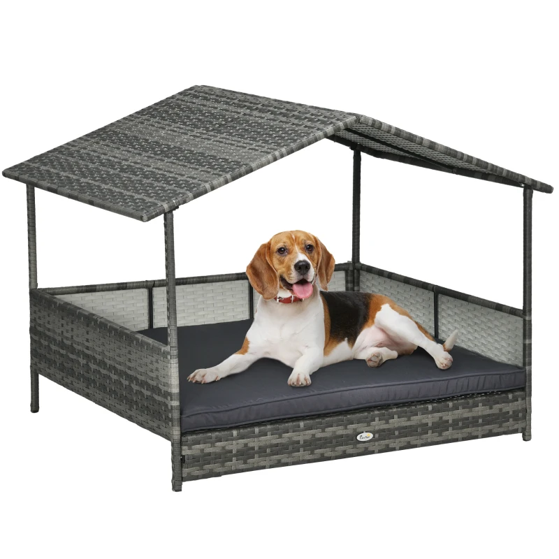 PawHut Outdoor Dog Bed with Canopy, Rattan Dog Bed with Soft Cushion Removable Cover for Medium and Large Dogs, Dark Gray