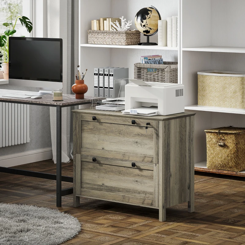 HOMCOM 2 Drawer File Cabinet, Lockable Filing Cabinet with Adjustable Hanging Bar for Letter, A4 Size, Weathered Grey Oak