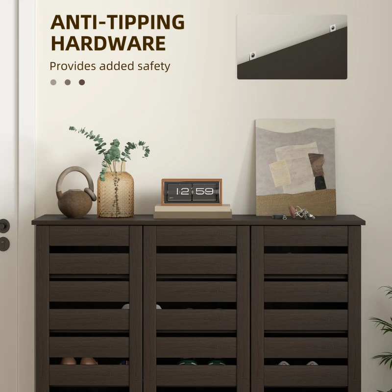 HOMCOM Narrow Shoe Cabinet with Slatted Doors, Adjustable Shelves for 20 Pairs of Shoes, Shoe Cabinet for Entryway, Dark Brown