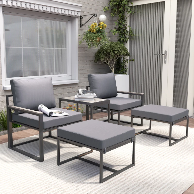 Outsunny 5 Pieces Outdoor Patio Furniture Set with Ottomans, Cushions, Small Patio Sofa Set for Garden, Backyard, Poolside, Grey