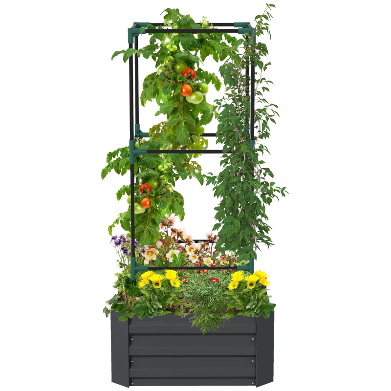 Outsunny Galvanized Planter Box, Outdoor Raised Garden Bed with 3-Tier Trellis Tomato Cage for Climbing Vines, Vegetables, Grey