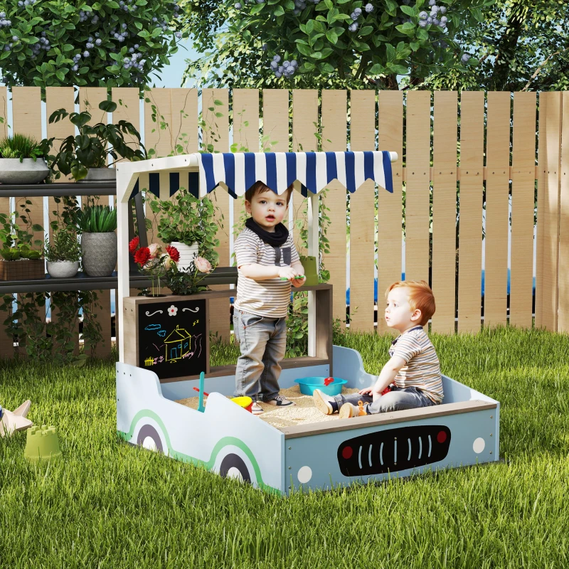 Qaba Kids Wooden Sandbox with Canopy with Bench Seats, Bottom Liner, Drawing Board, Planting Boxes for Backyard, Garden, Blue