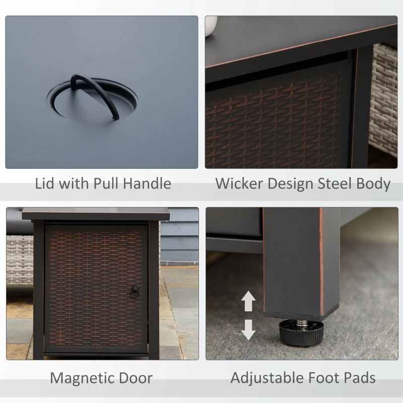 Outsunny 43 Inch Outdoor Propane Gas Fire Pit Table, 50,000 BTU Auto-Ignition Rectangular Wicker-effect Gas Firepit with Glass Wind Guard, Lid, Glass Beads, Steel Base, CSA Certification, Bronze