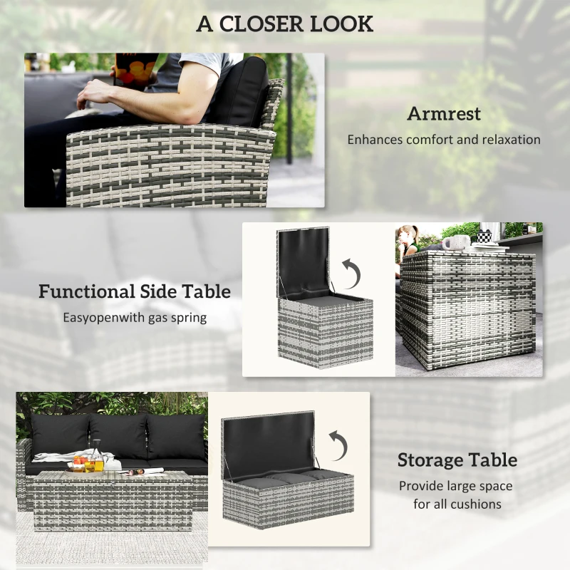 Outsunny 6 Pieces Wicker Patio Furniture Set with Cushions, 7-Seater Rattan Patio Sofa Set with Storage Coffee Table & Side Table, Sectional Outdoor Furniture Set, Black