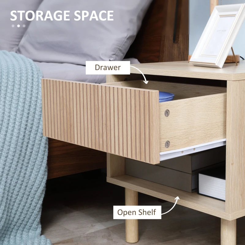 HOMCOM Set of 2 Bedroom Nightstands, Side Table with Storage Shelf and Drawer for Living Room, Bedroom, Natural Wood