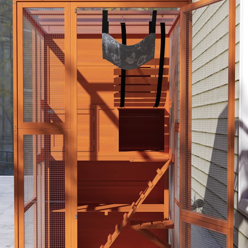 PawHut 76" Catio Outdoor Cat Enclosure with Cat Condo, Jumping Platforms, Ladder, Ramps, Hammock for 2-3 Indoor Cats, Orange