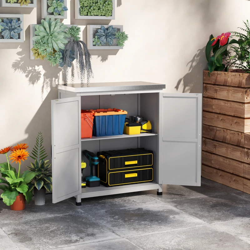 Outsunny Wooden Storage Cabinet, Outdoor Prep Table with Metal Tabletop, Shelves and Double Doors for Patio, Garden, Gray