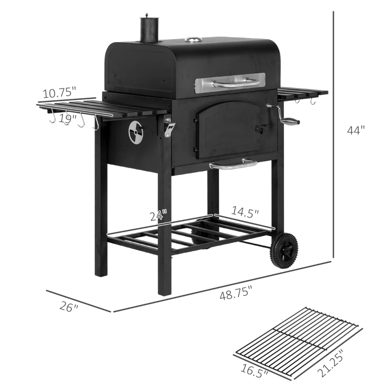 Outsunny Charcoal BBQ Grill w/ Adjustable Height, Folding Shelves, Thermometer, and Wheels, Black