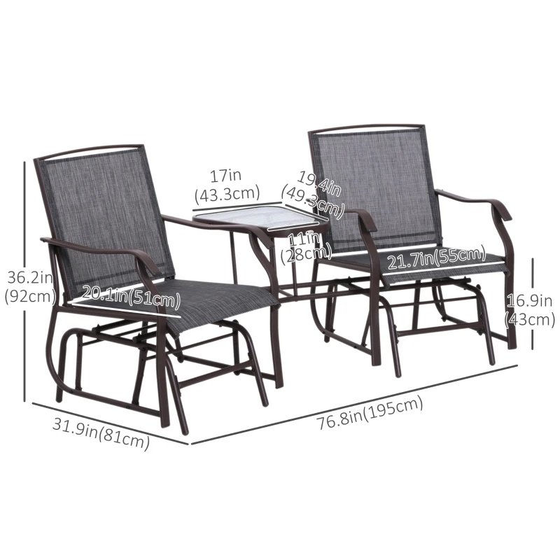 Outsunny Patio Double Glider Chair with Glass Top Center Table, Outdoor Glider Chair with High Back,  Sling Fabric for Garden, Bench, Grey