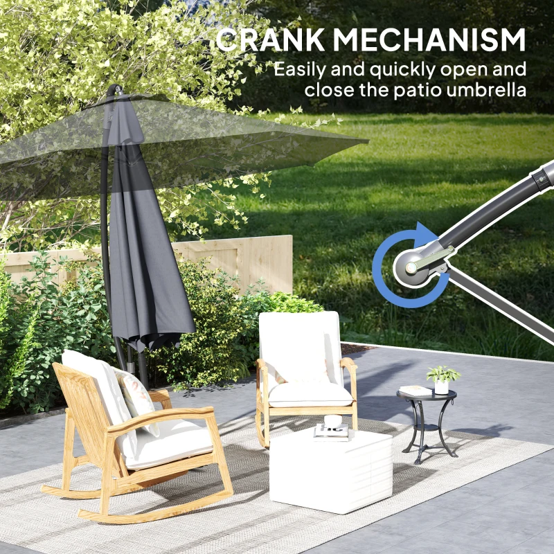 Outsunny 9.5' Cantilever Umbrella with Wind Protection Strap and Cover, Hanging Umbrella with Crank and Cross Base, UPF 50+, Grey
