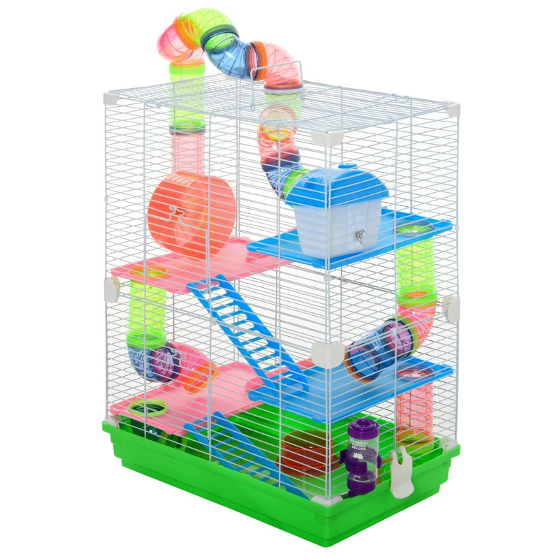 PawHut 5 Tiers Hamster Cage Portable with Exercise Wheels Play Tube Water Bottle Dishes House Ladder for Gerbils, Green