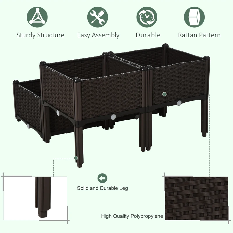 Outsunny 4 Piece Raised Garden Bed PP Raised Flower Bed Vegetable Herb Grow Box Stand Brown