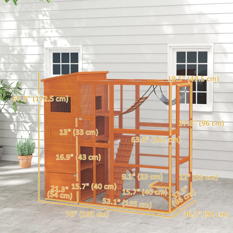 PawHut 76" Catio Outdoor Cat Enclosure with Cat Condo, Jumping Platforms, Ladder, Ramps, Hammock for 2-3 Indoor Cats, Orange