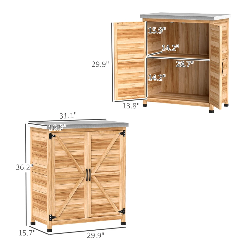 Outsunny Wooden Storage Cabinet, Outdoor Prep Table w/ Metal Tabletop, Shelves and Double Doors for Patio, Garden, Natural Wood
