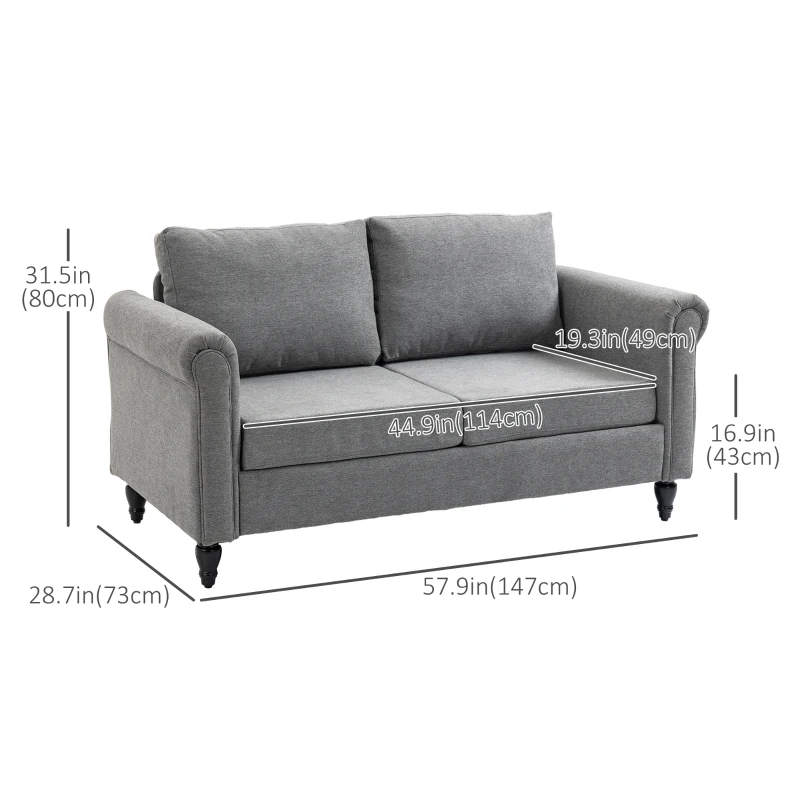 HOMCOM Vintage Loveseat, Upholstered Love Seat Furniture, Chenille-feel Fabric 2 Seater Sofa Couch with Rolled Arms, Gourd-Shaped Rubber Wood Legs for Living Room, Light Grey