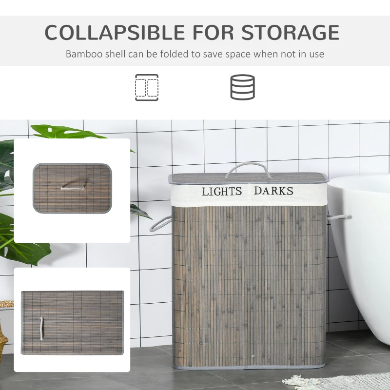 HOMCOM Bamboo Laundry Basket with Lid and String Handles, Collapsible Laundry Hamper with 2 Removable Bags, Gray