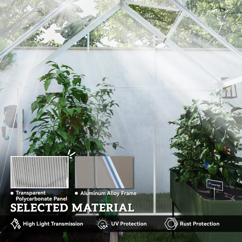 Outsunny 6' x 4' Walk-In Greenhouse, Polycarbonate Greenhouse with Sliding Door, Window, Aluminium Frame, Foundation, Silver