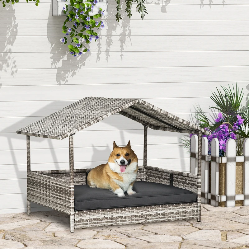 PawHut Wicker Dog House Elevated Raised Rattan Bed with Removable Cushion Lounge, Charcoal Gray