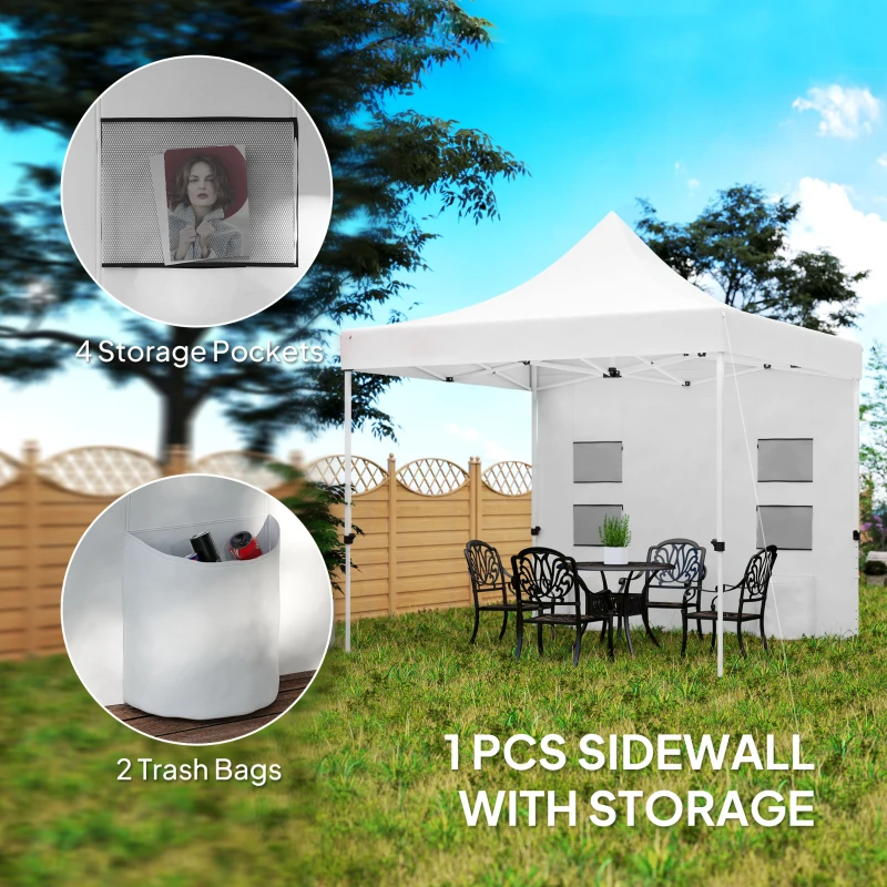 Outsunny 10' x 10' Heavy Duty Pop Up Canopy Tent w/ Sidewall, UPF50+ Instant Sun Shelter w/ Storage Pockets, Wheeled Bag, White