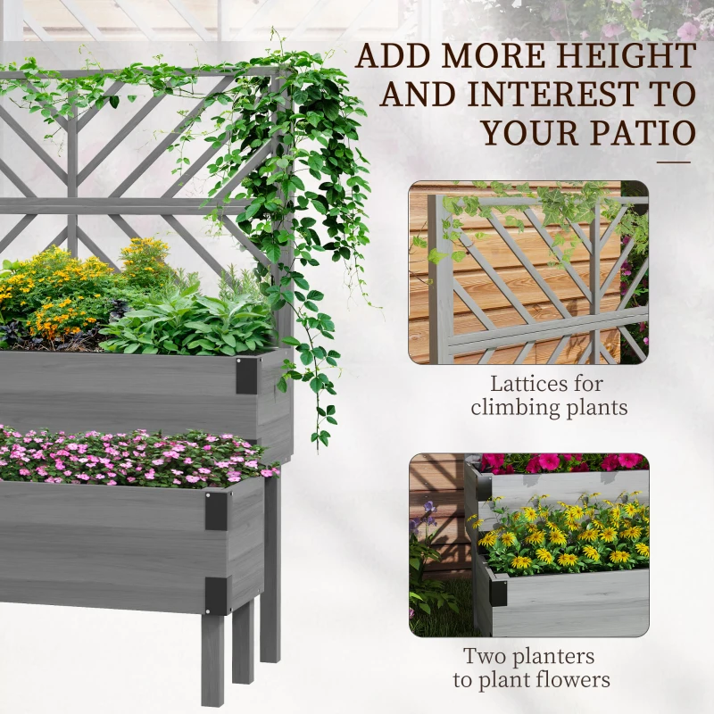Outsunny Raised Garden Bed with Trellis, 2 Tier Wooden Elevated Planter Box  for Vegetables, Flowers, Herbs, Grey