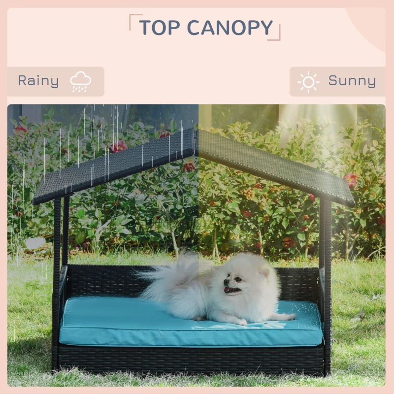 PawHut Wicker Dog House Outdoor with Canopy, Rattan Dog Bed with Water-resistant Cushion, Raised Pet Bed for Small, Medium Breeds up to 66 lbs, 20" in Length, Brown Wicker, Blue Cushion