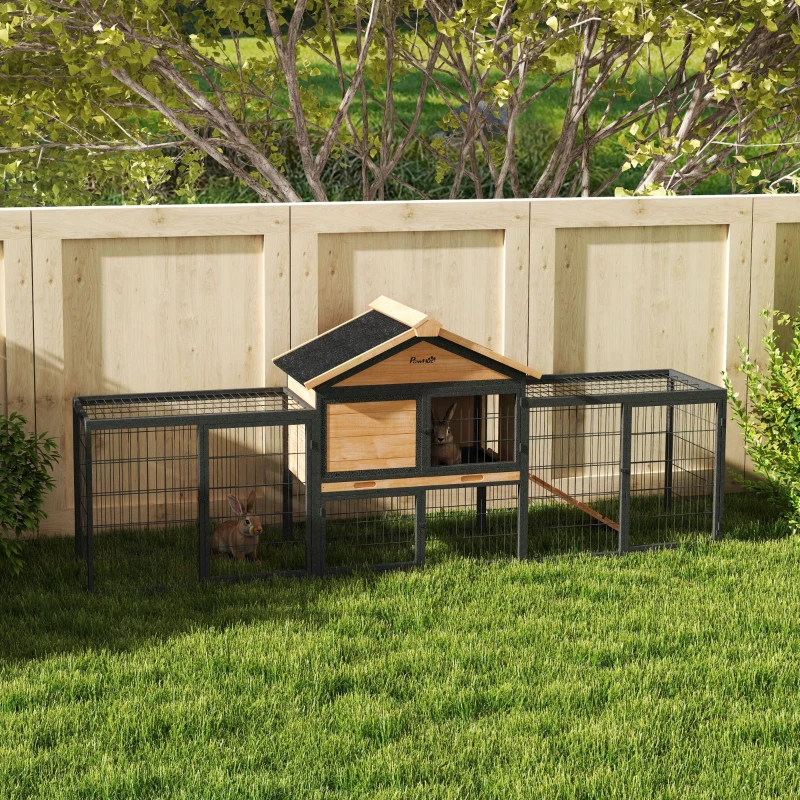 PawHut Wooden Rabbit Hutch Outdoor, 85" Large Bunny Cage with Steel Run, Removable Plastic Tray, Asphalt Roof, Ramp