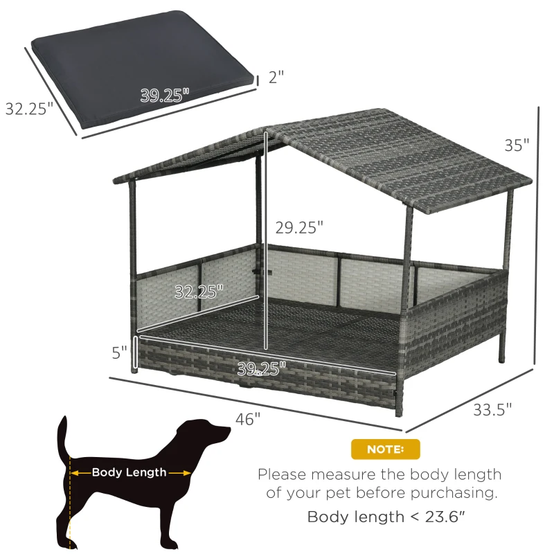 PawHut Outdoor Dog Bed with Canopy, Rattan Dog Bed with Soft Cushion Removable Cover for Medium and Large Dogs, Dark Gray