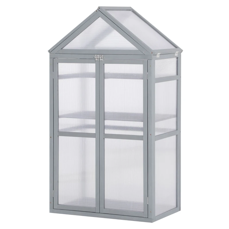 Outsunny 32" x 19" x 54" Garden Wood Cold Frame Greenhouse Flower Planter with Adjustable Shelves, Double Doors, Grey